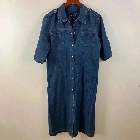 VTG Denim M Midi Shirt Dress Short Sleeve Western Y2K Snap Front Modest - Picture 1 of 6